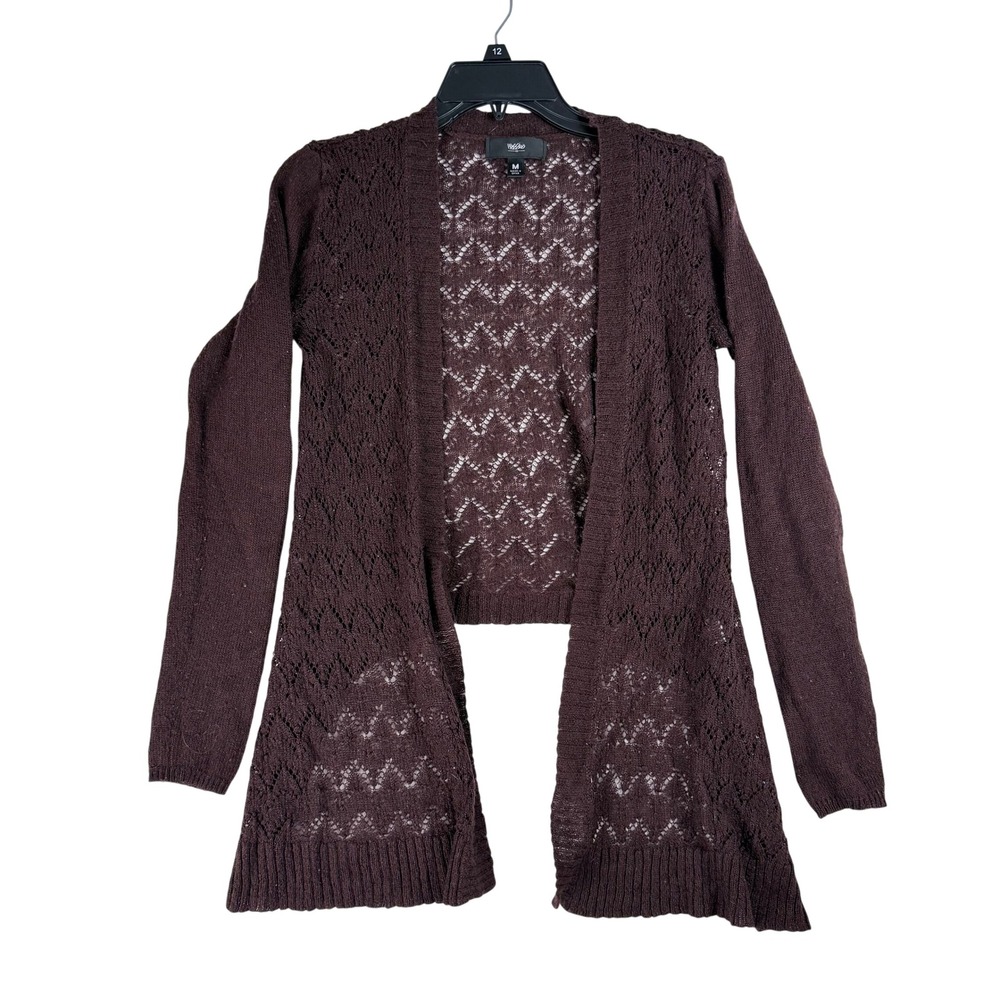 Mossimo Cardigan Women M Brown Pointelle Open Knit Boho Whimsigoth Draped Y2K